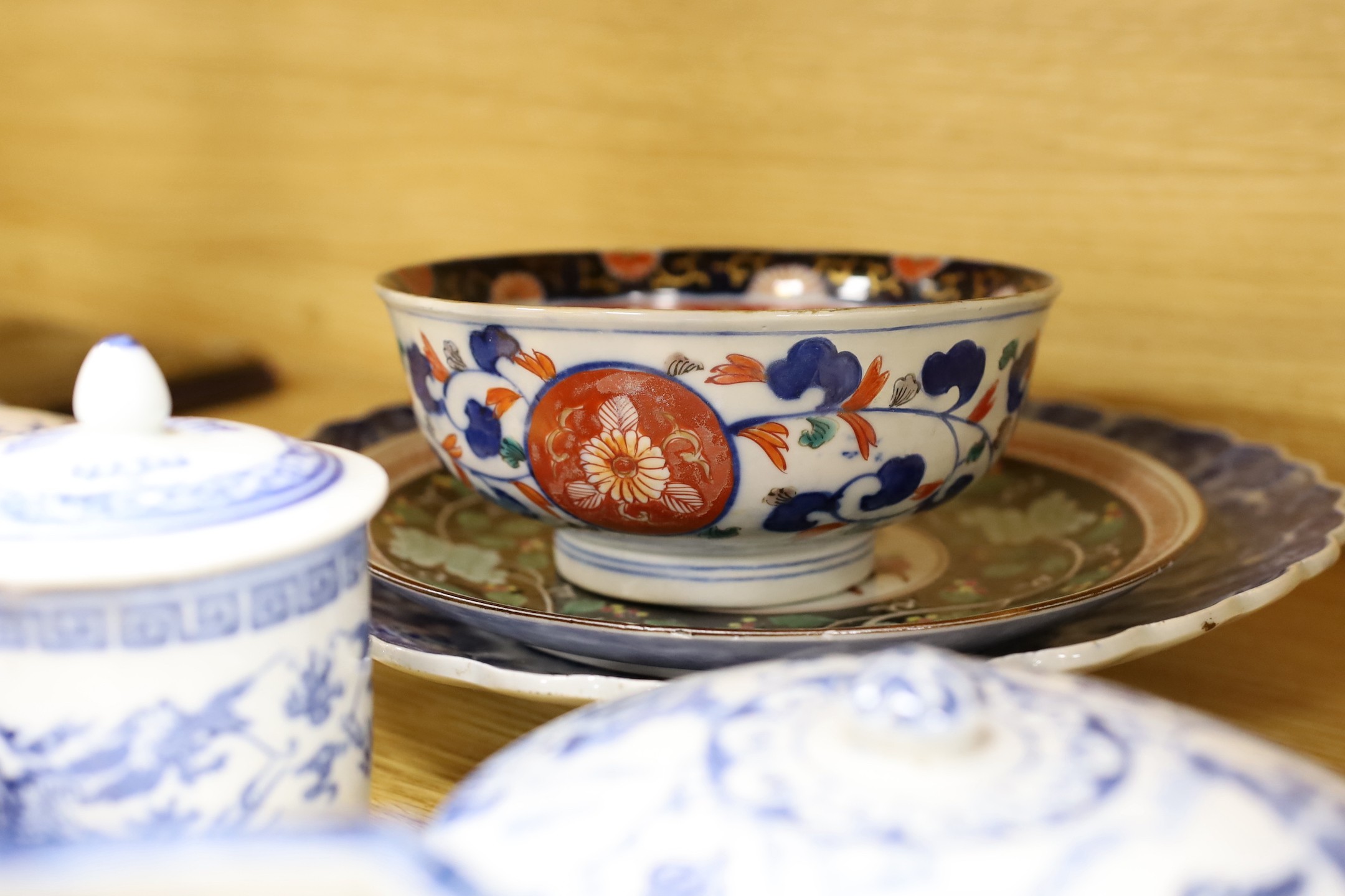 An early 20th century Chinese blue and white prunus vase, group of Chinese, Japanese porcelain Rex Hotel tureens, soapstone wine pot etc
